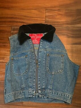 Vintage 90s Rustic Denim Vest Velvet Collar Rachel Green Friends Size L (830)